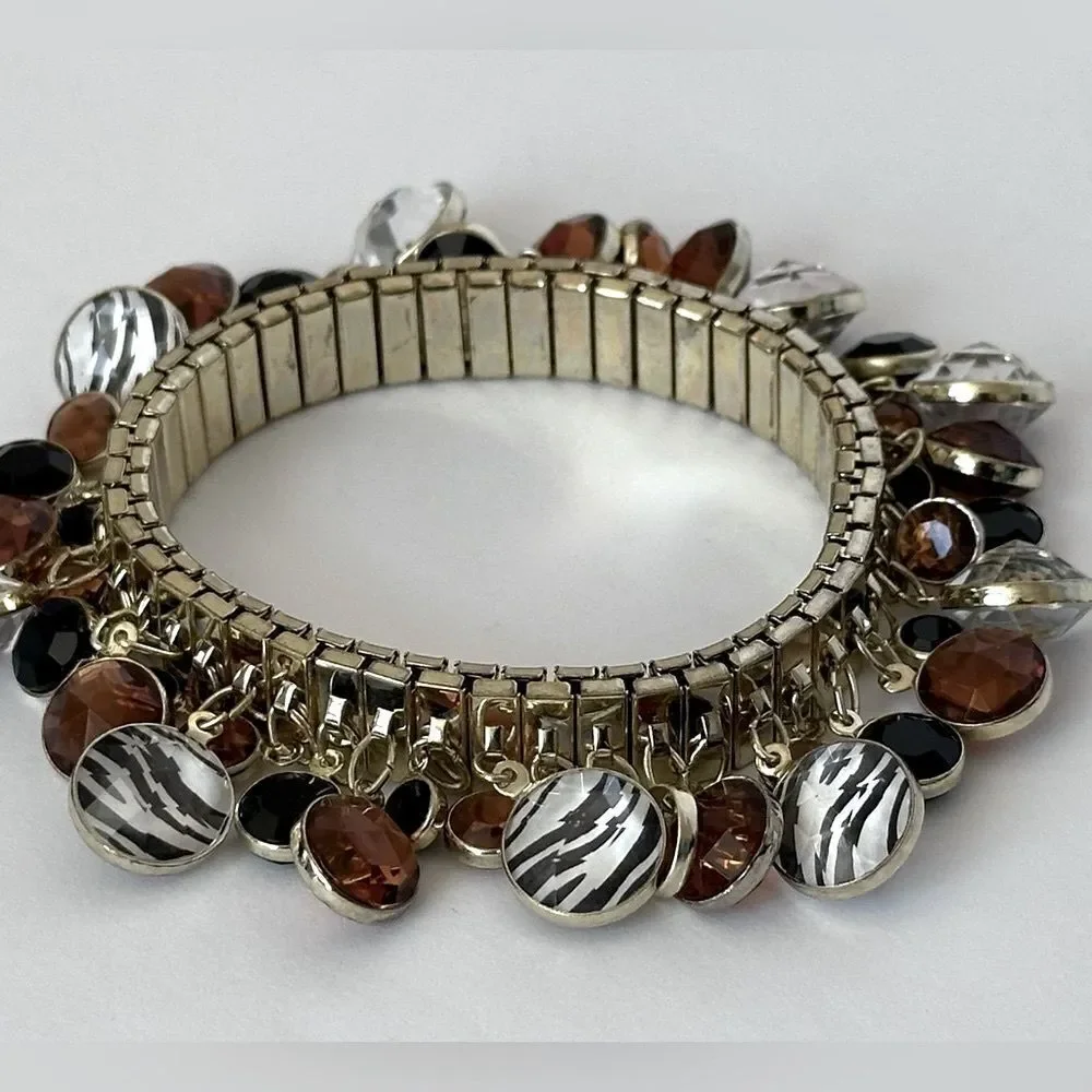 Goldtone Black Amber Zebra Bead Charm Cha Cha Expandable Bracelet Vintage